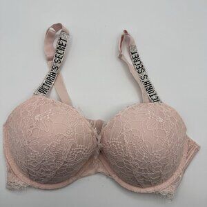 Victoria's Secret Bra Very Sexy Rhinestone Strap 36D Push Up Lace Light Pink